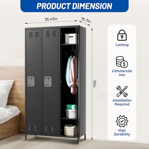 9 Door Metal Storage Cabinet with 27 Hooks and 9 Shelves, Black B811371