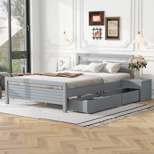 Queen Size Gray Wooden Platform Bed with 2 Storage Drawers and 2 Bedside Tables I5051