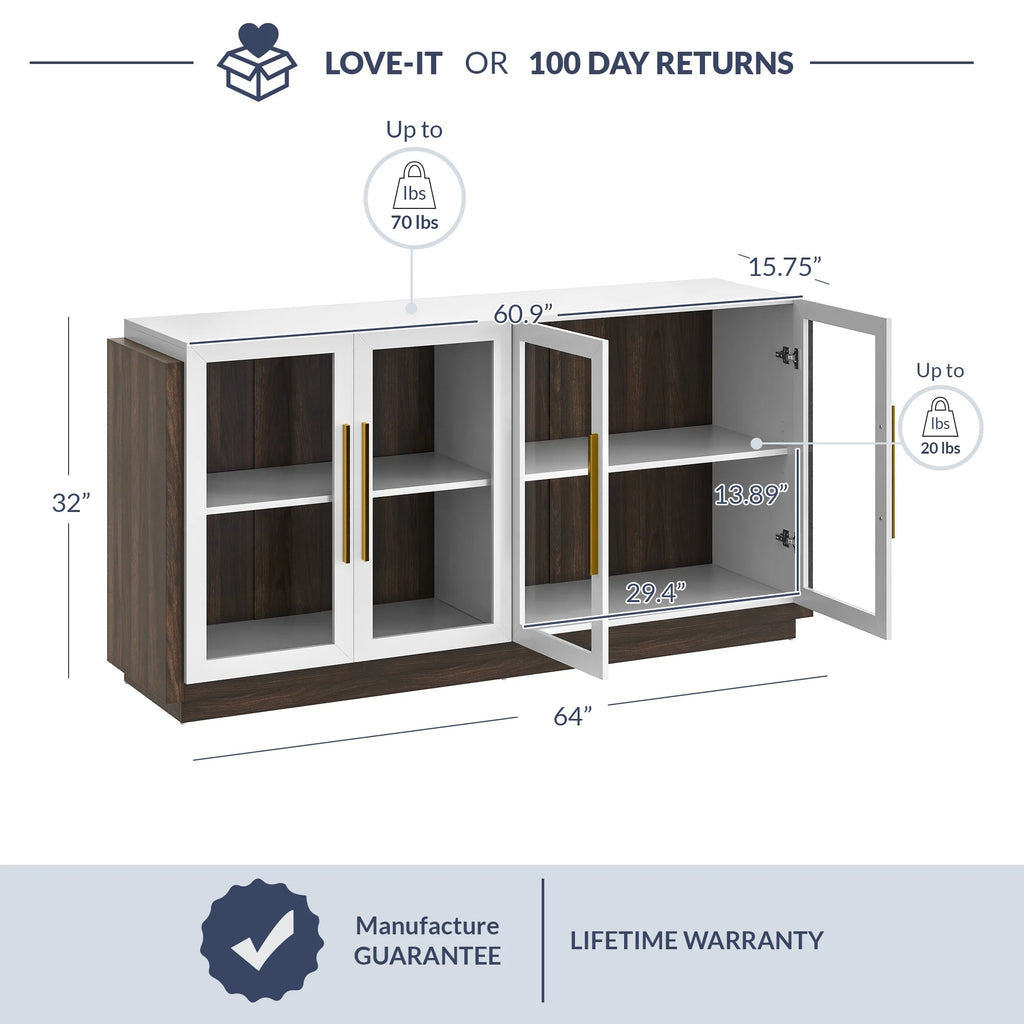 White Wood Glass Sideboard Buffet Cabinet with Storage I579688