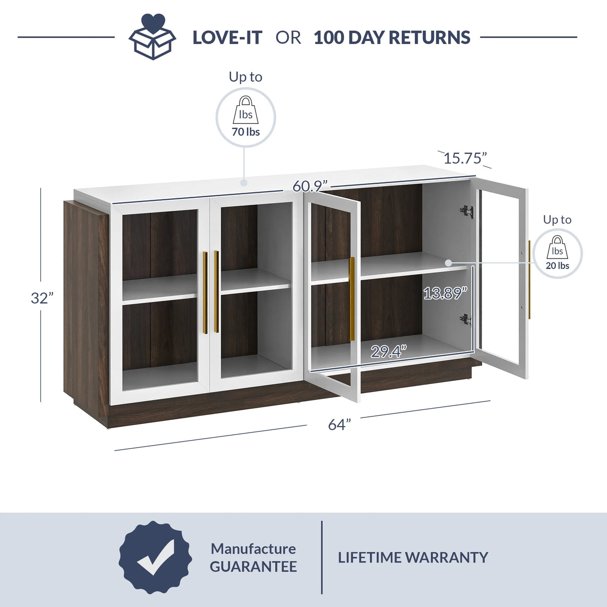 White Wood Glass Sideboard Buffet Cabinet with Storage I579688