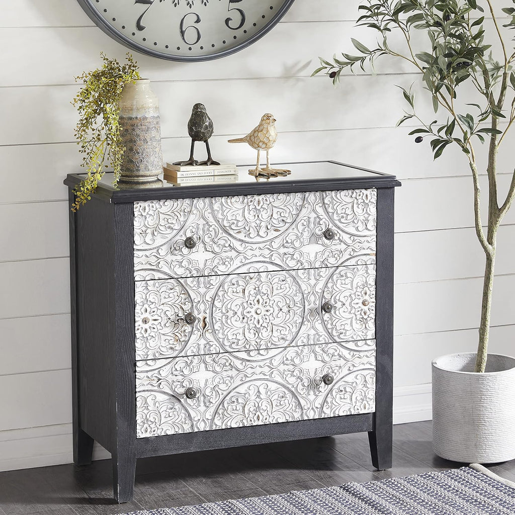 Black White 3 Drawer Wood and Metal Cabinet D91605