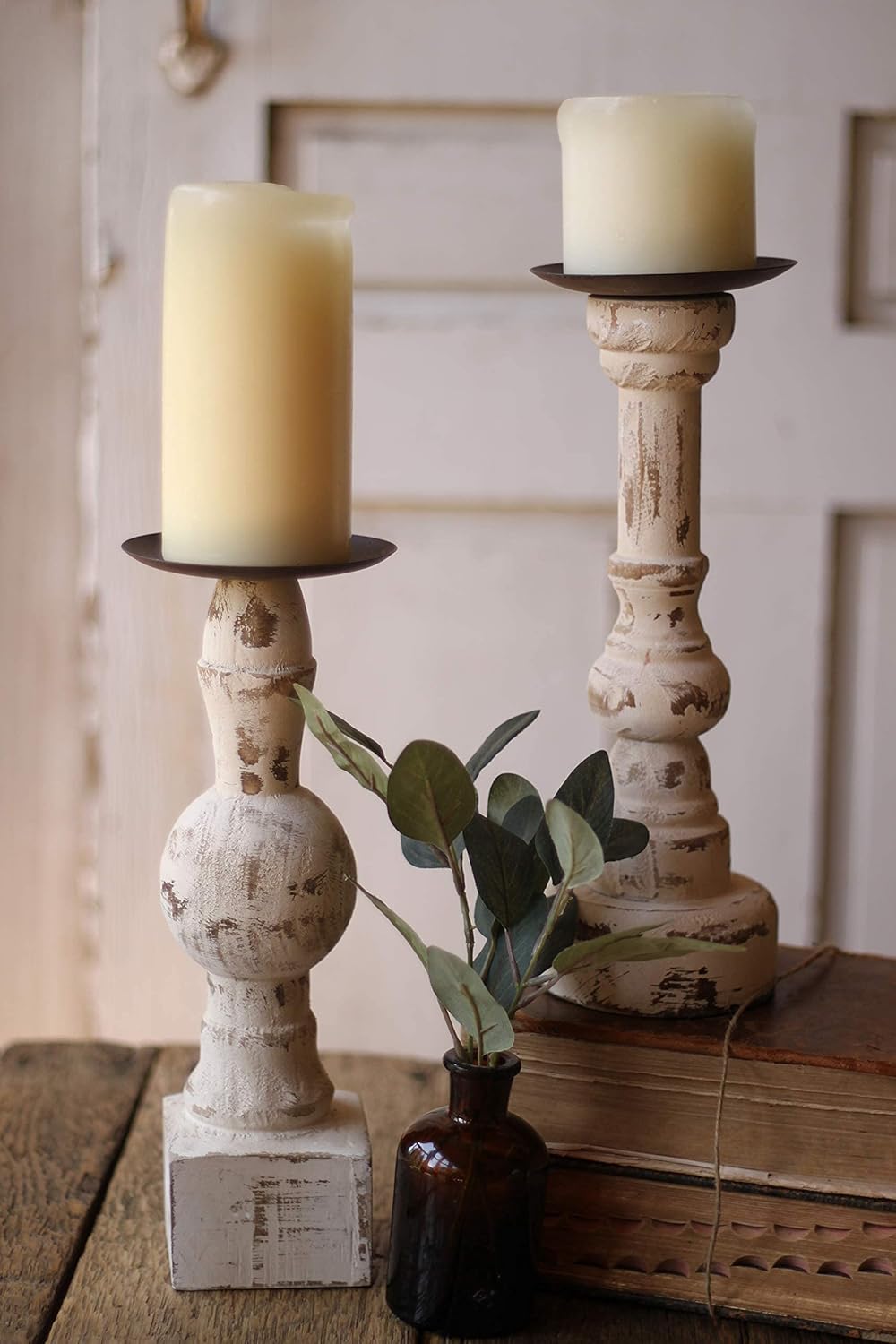 Antique White Wooden Candle Holders Set of 2 L4745
