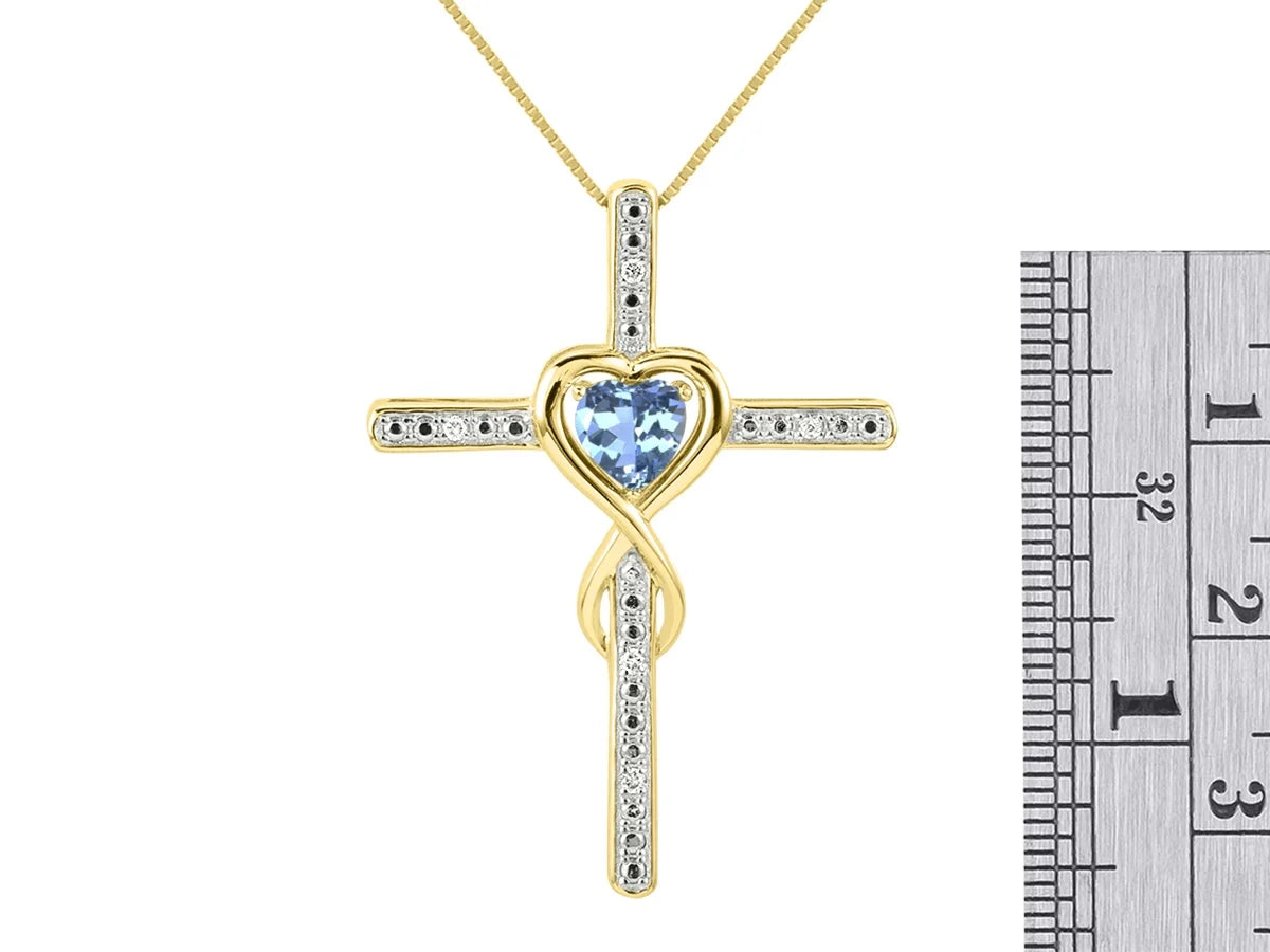 Yellow Gold Plated Silver Cross Necklace with Blue Topaz and Genuine Diamonds K157512