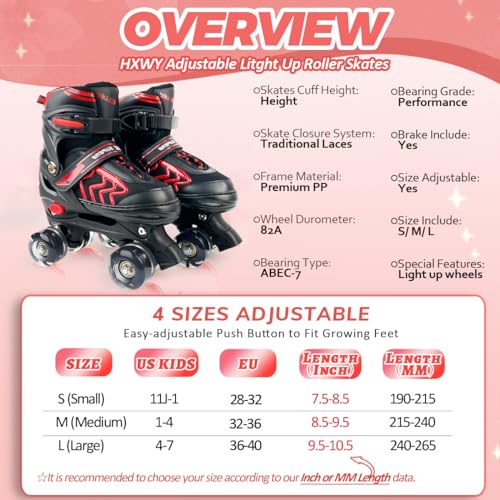 Adjustable Quad Roller Skates with Light Up Wheels, Black & Red E306