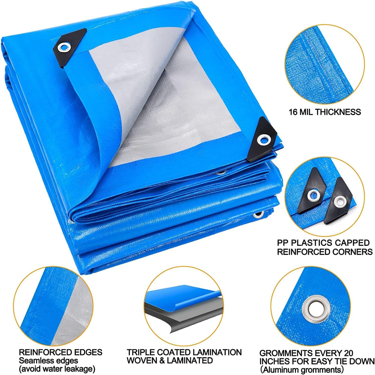 16 Mil Heavy Duty Waterproof Blue Poly Tarp with Metal Grommets Z78597