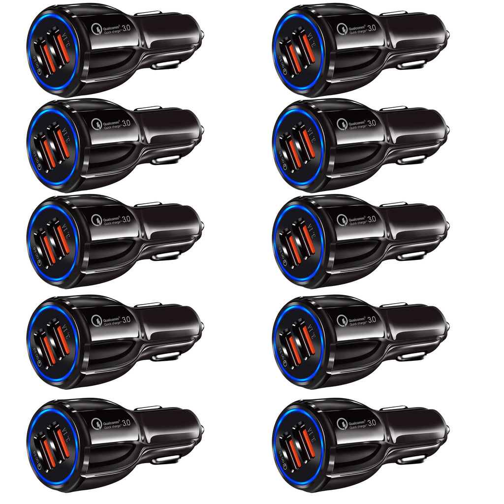 10-Pack Dual USB Car Charger QC3.0 Fast Charging, Black D2522