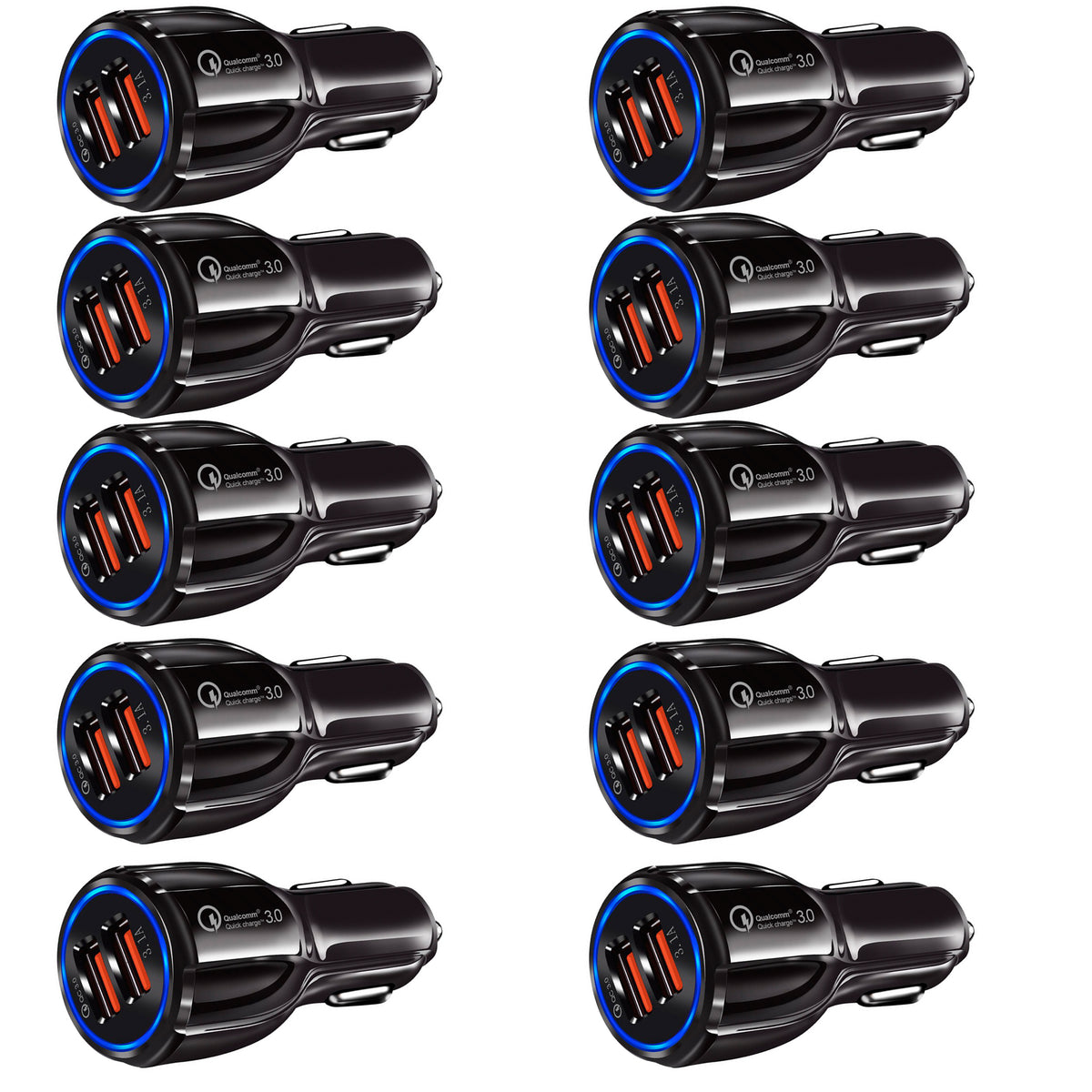 10-Pack Dual USB Car Charger QC3.0 Fast Charging, Black D2522