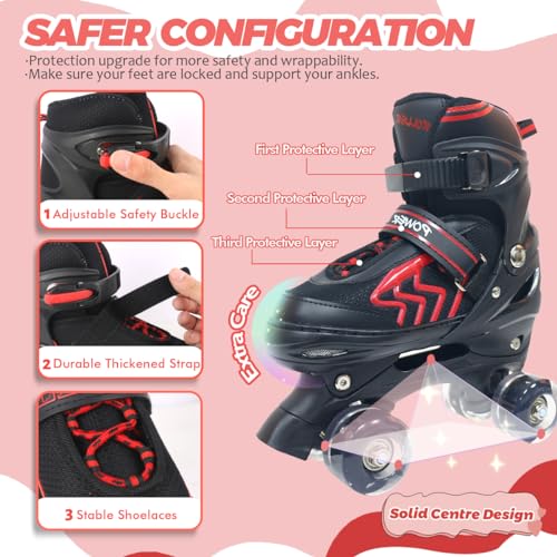 Adjustable Quad Roller Skates with Light Up Wheels, Black & Red E306
