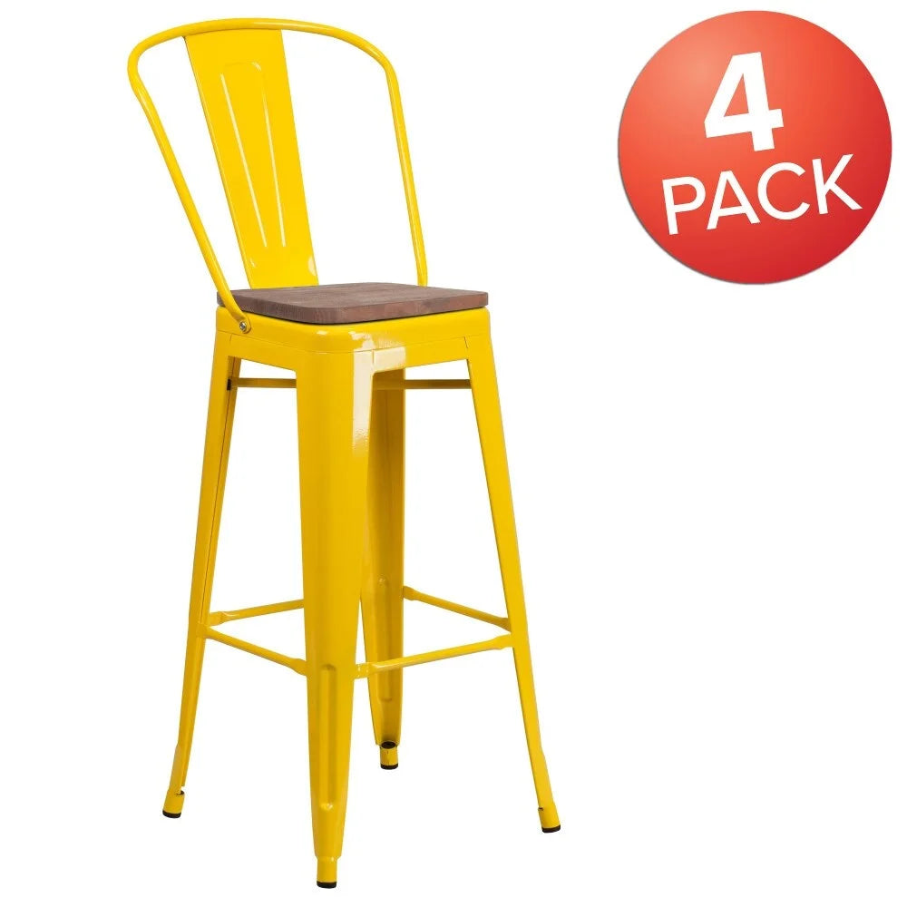 4 Pack 30" High Metal Barstool with Back and Wood Seat Yellow Z7377