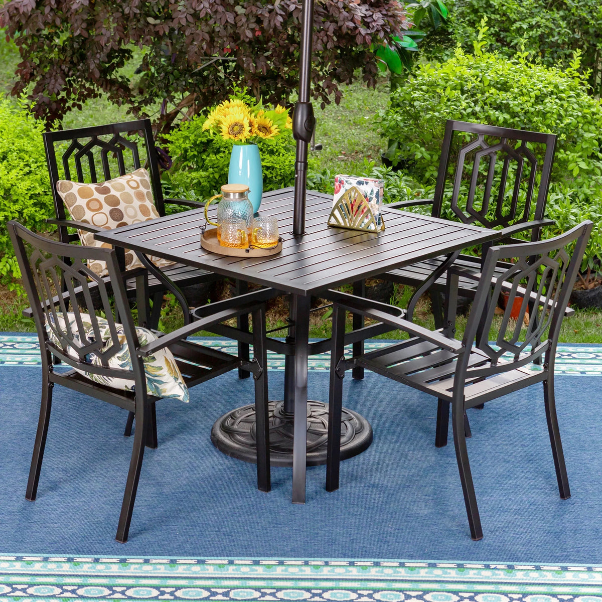 6-Piece Outdoor Patio Set with 10 FT Umbrella, 4 PCS Metal Steel Stacking Chairs & 1 PC Square Dining Table, Orange Red Umbrella P19967