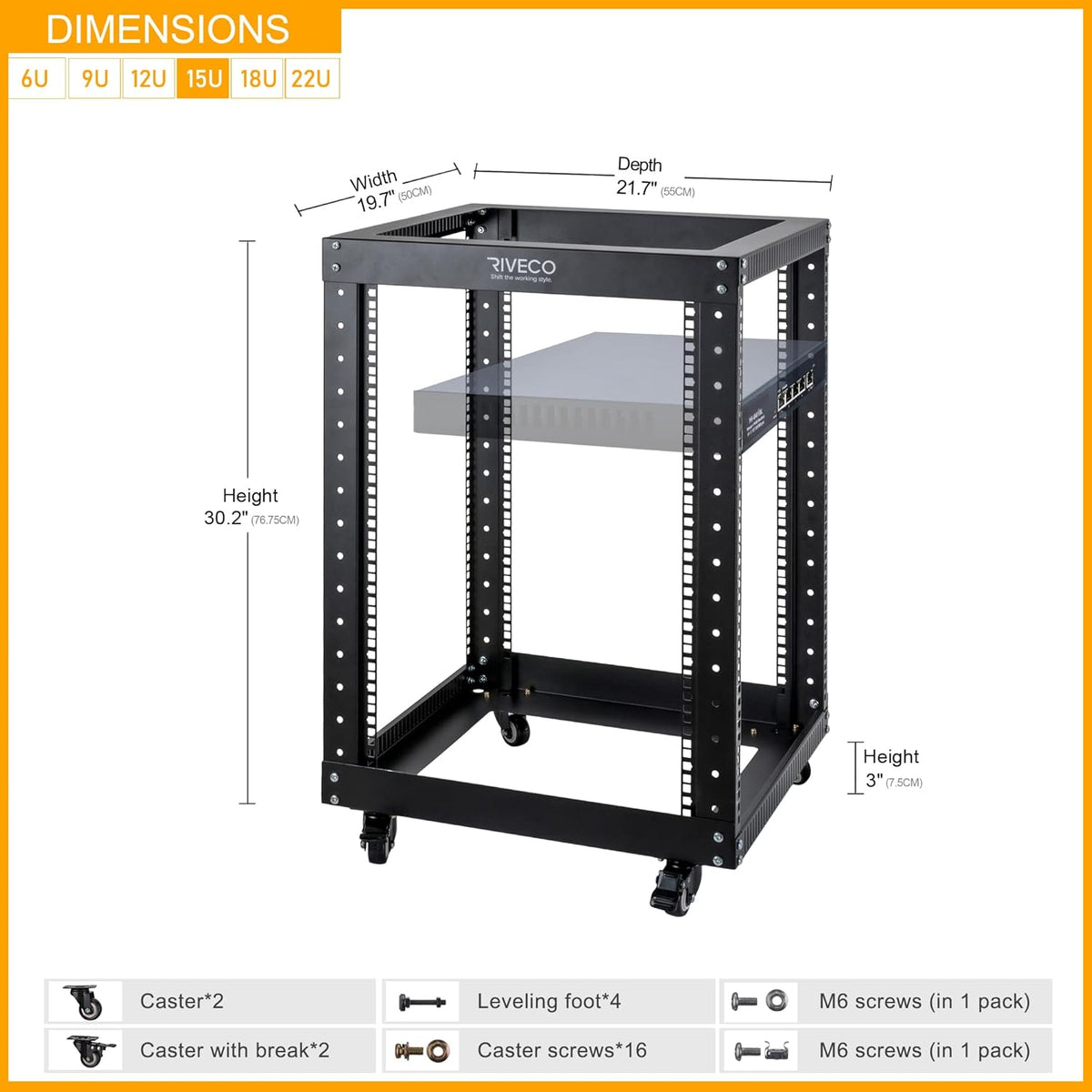 9U Open Frame Server Rack with Casters Black F1961