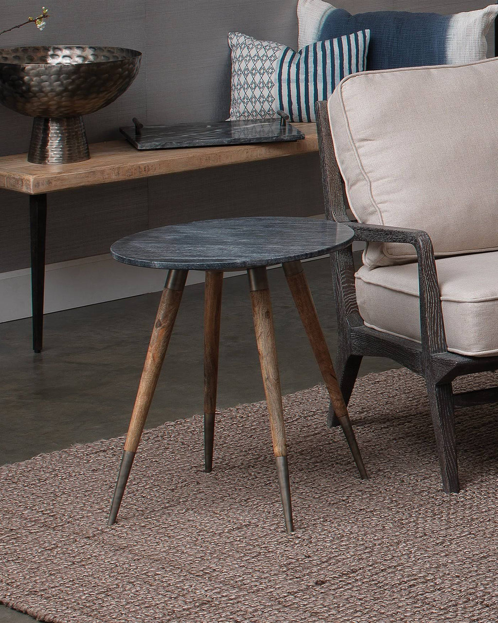 Grey Marble Side Table with Natural Wood Q875
