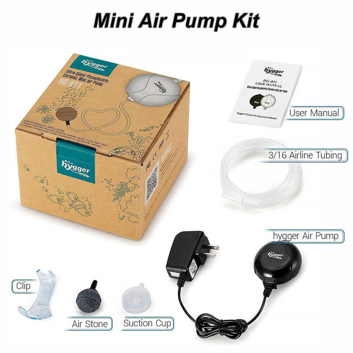 Quiet Mini Aquarium Air Pump 1.5 Watt with Accessories Black K853