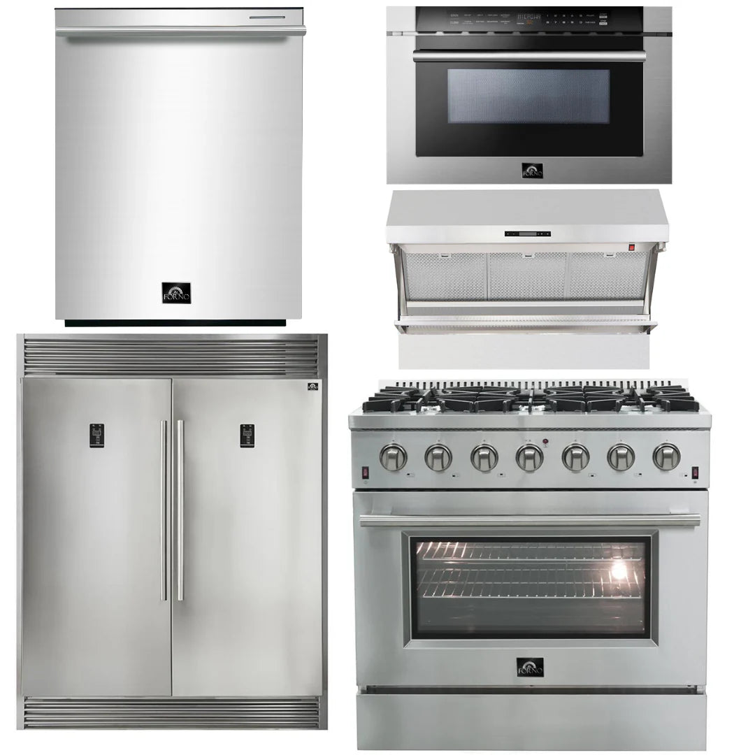 36 Inch Gas Range, Wall Mount Range Hood, Refrigerator, Microwave Drawer, Dishwasher G147748