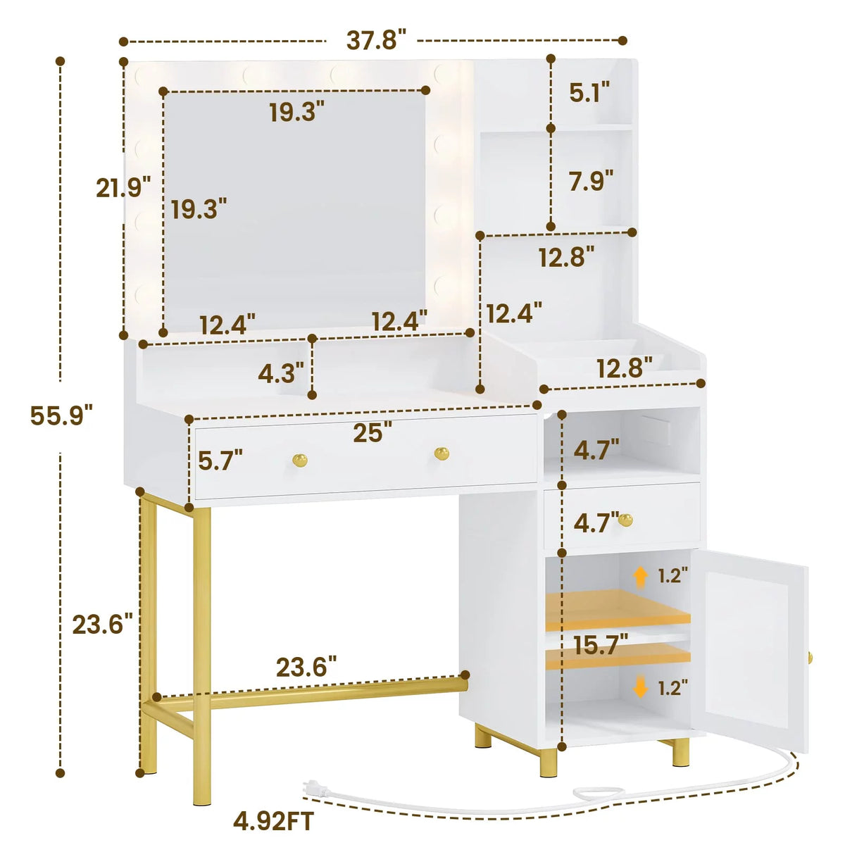 White Vanity Desk with Mirror and Lights and Drawers A317