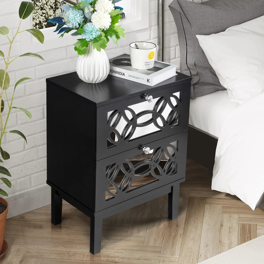 Black Modern Bedside Table with Storage Drawers and Smoked Mirror Q5613