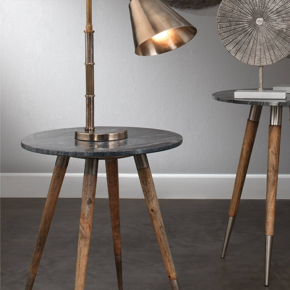 Grey Marble Side Table with Natural Wood Q875