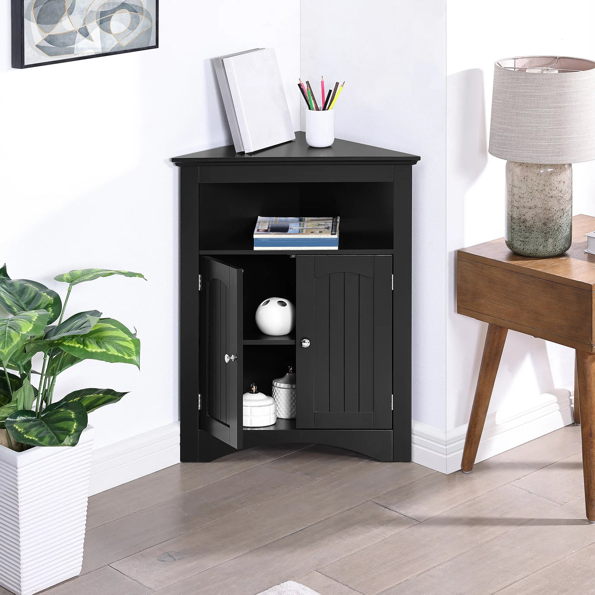 Free Standing Corner Storage Cabinet with Doors and Shelves M973