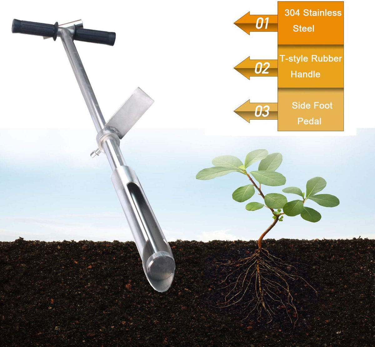 40" Soil Sampler Probe Rod with Sample Ejector, 304 Stainless Step Tube with Foot Pedal T-Style Handle Z4486