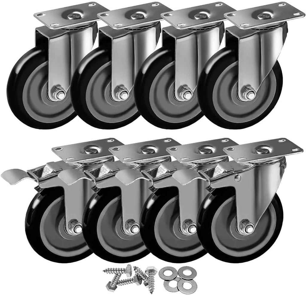 8 Pack 5 Inch Combo Caster Swivel Plate 4 w/Brake & 4 Plate Heavy Duty Red PU Wheels T32372