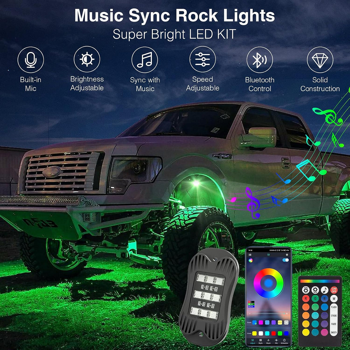 RGB Led Rock Lights for Trucks Exterior, 6 Pods, Waterproof, Pack of 2 F772788