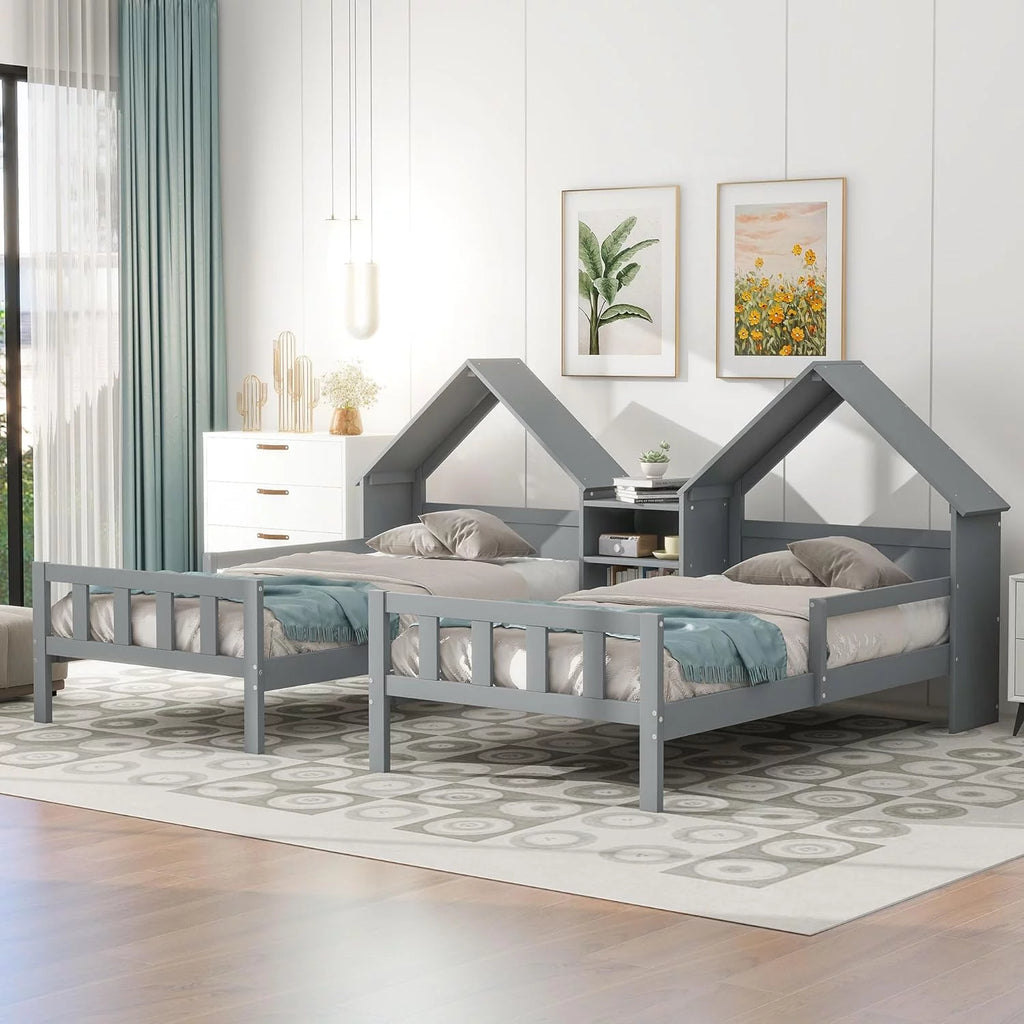 Double Size Platform Bed with House-Shaped Headboard and Built-In Nightstand, Grey C60532
