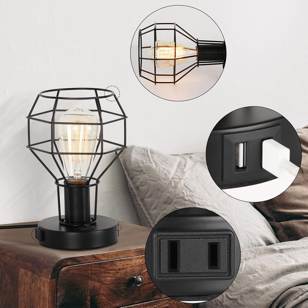 Black Industrial Table Lamp with USB Ports and AC Outlet J703117