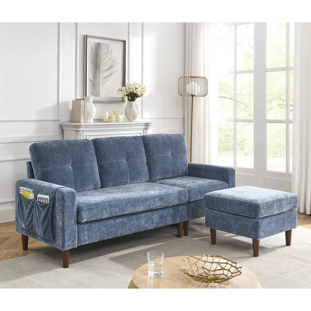 80" Convertible Sectional Sofa Couch, 3 Seats L-shape Sofa with Removable Cushions and Pocket, Rubber Wood Legs, Navy Chenille C450