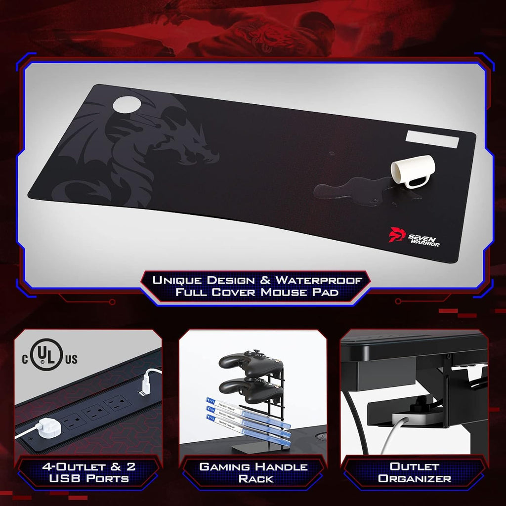 Gaming Desk with LED Strip & Power Outlets, Carbon Fiber Surface Computer Desk with Full Desk Mouse Pad D971