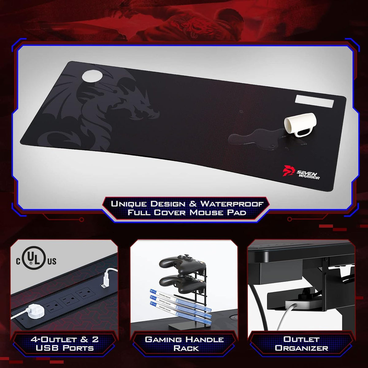 Gaming Desk with LED Strip & Power Outlets, Carbon Fiber Surface Computer Desk with Full Desk Mouse Pad D971