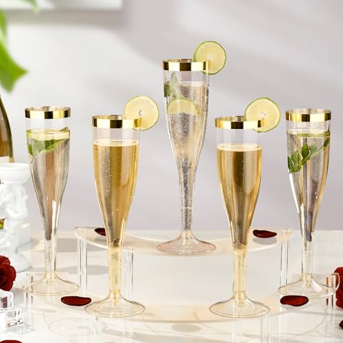 36 Pack 6.5 oz Gold Glitter Plastic Champagne Flutes with Gold Rim V244