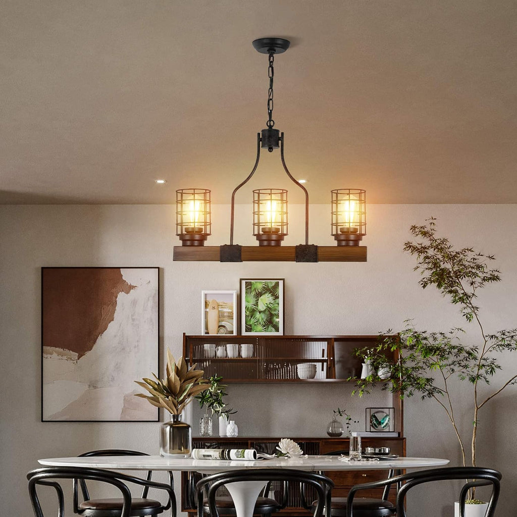 3-Lights Wood Chandelier with Cage Shade K3655