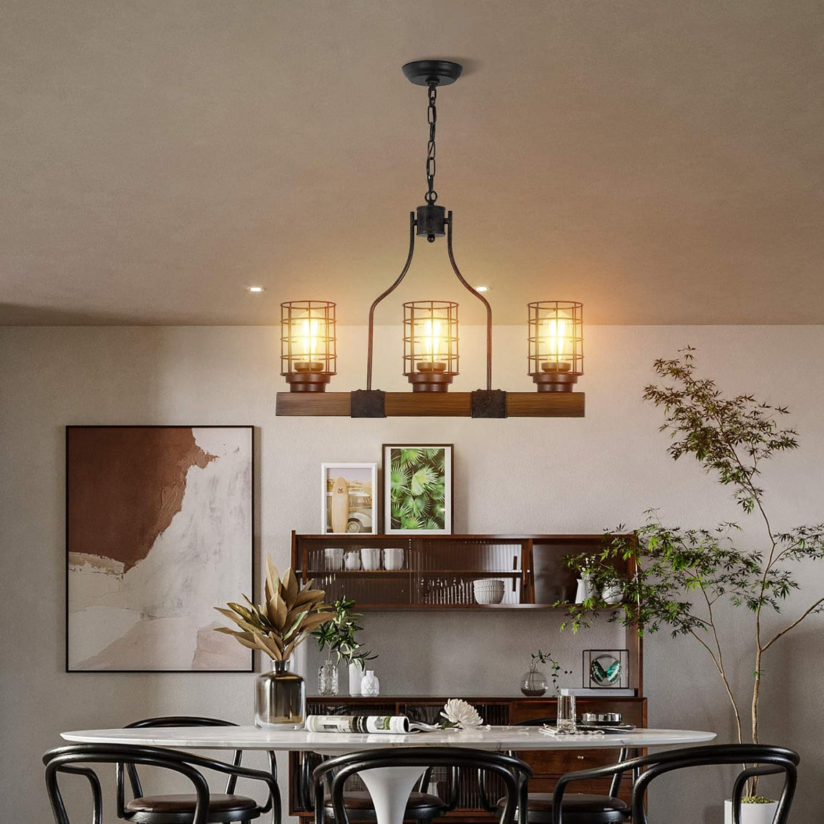 3-Lights Wood Chandelier with Cage Shade K3655