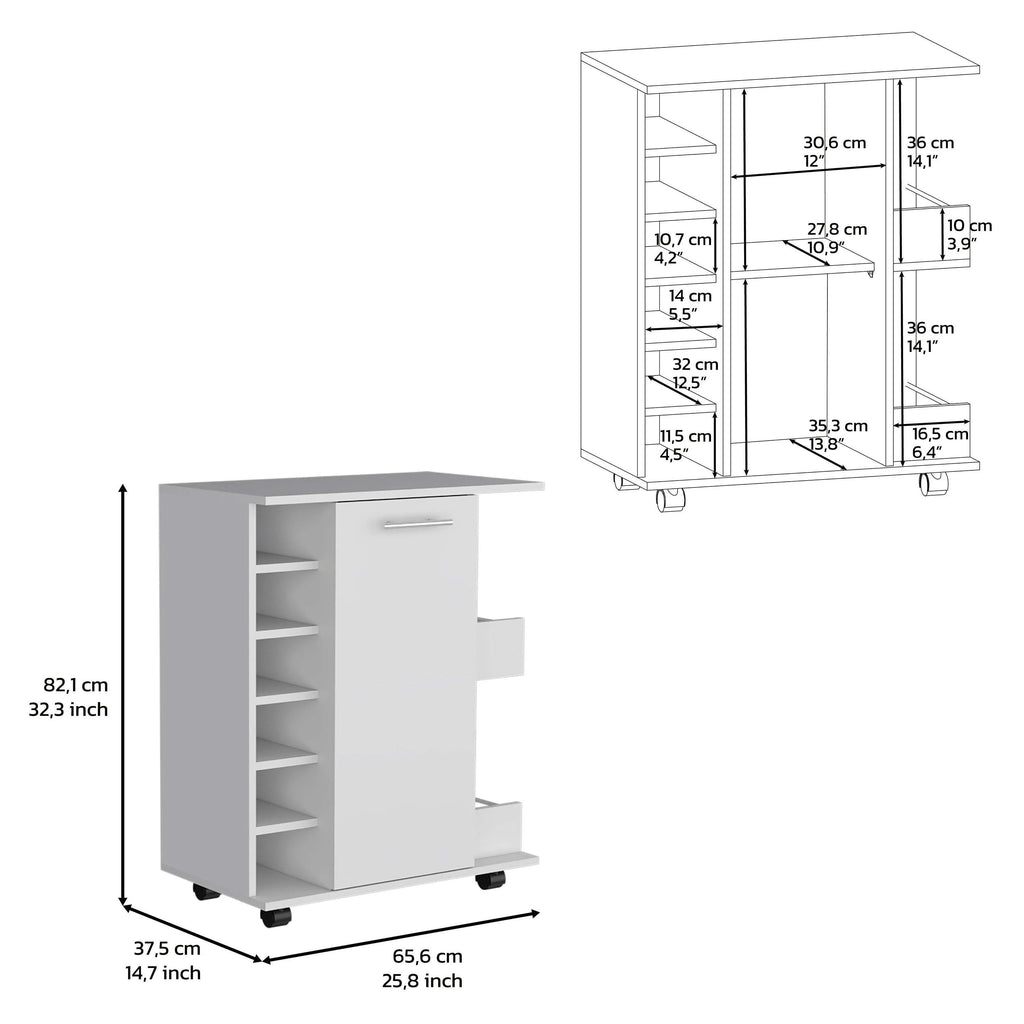 White Engineered Wood Bar Cart with 2 Side Shelves N12169