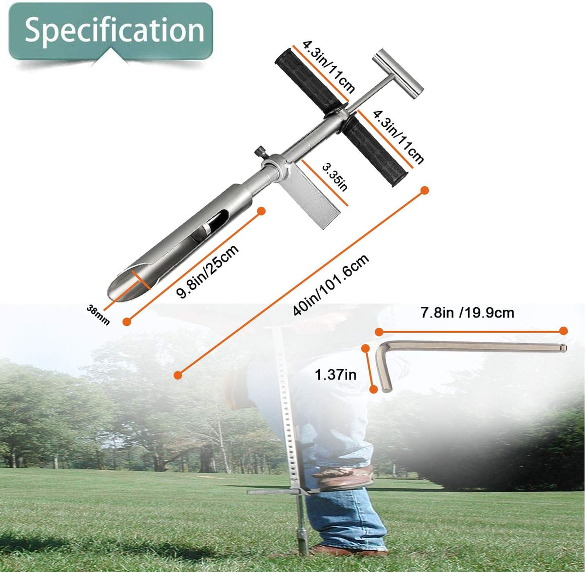 40" Soil Sampler Probe Rod with Sample Ejector, 304 Stainless Step Tube with Foot Pedal T-Style Handle Z4486