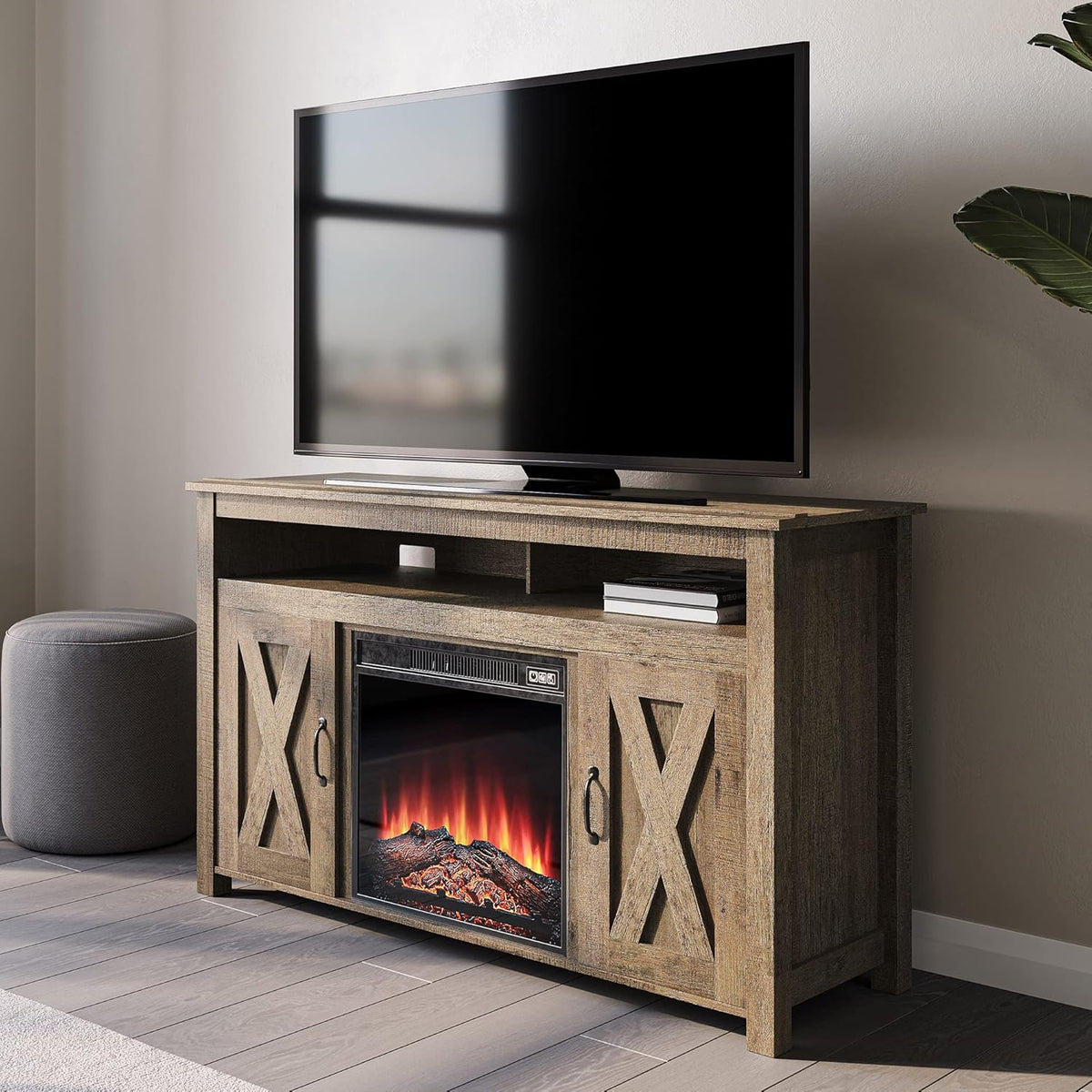 Dark Walnut Barn Door Wood Electric Fireplace TV Stand T6886