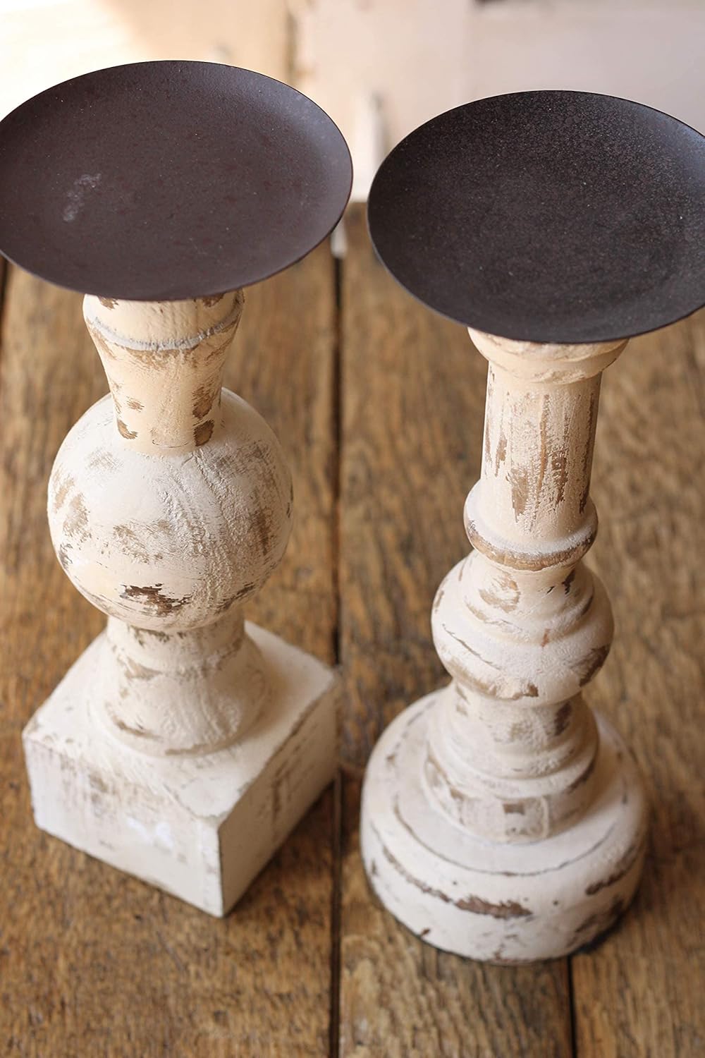 Antique White Wooden Candle Holders Set of 2 L4745