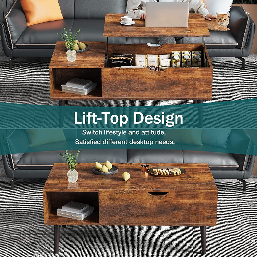 Adjustable Height Wooden Coffee Table with Hidden Compartments and Shelves C11128