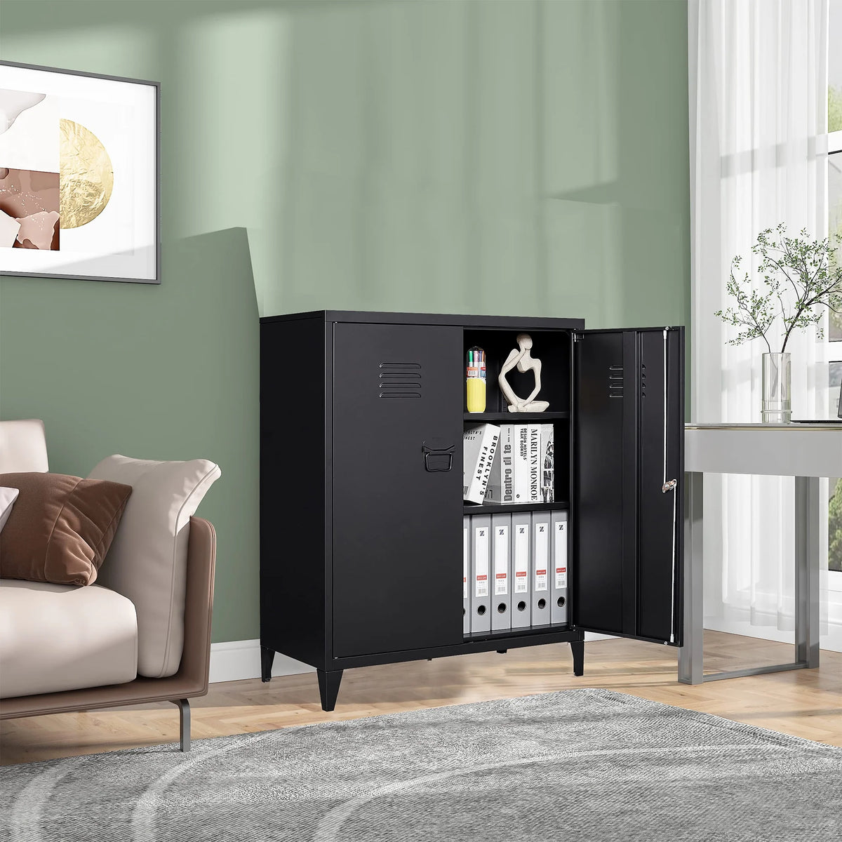 2 Door Metal Accent Cabinet with 2 Shelves, Black N95361