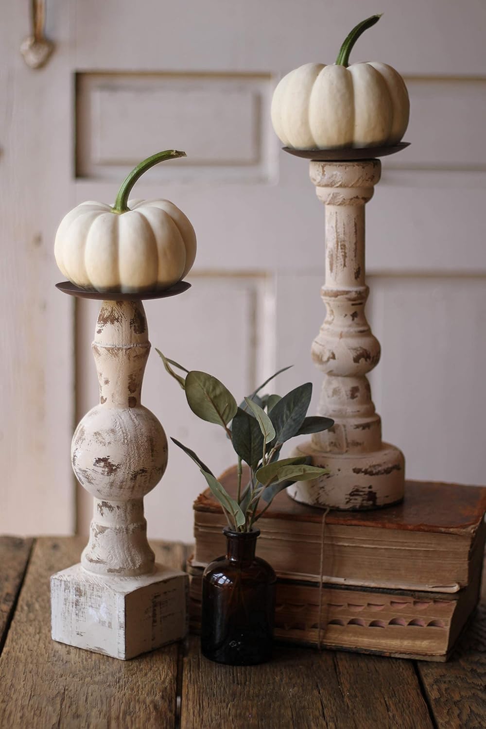 Antique White Wooden Candle Holders Set of 2 L4745