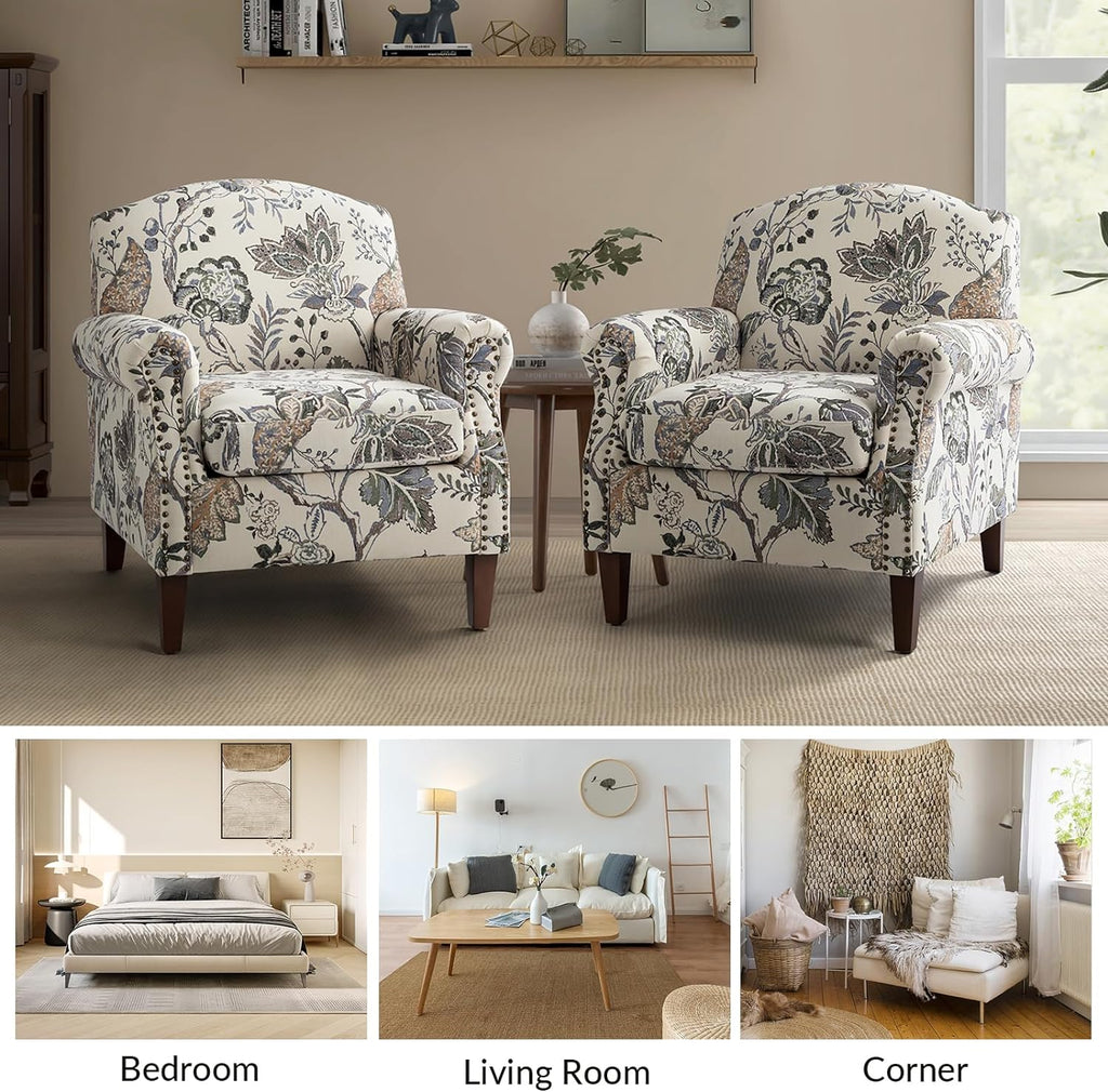 Accent Chair Set Of 2 With Wood Legs & Removable Cushion, Upholstered Armchair, Floral Design, GREY I853895