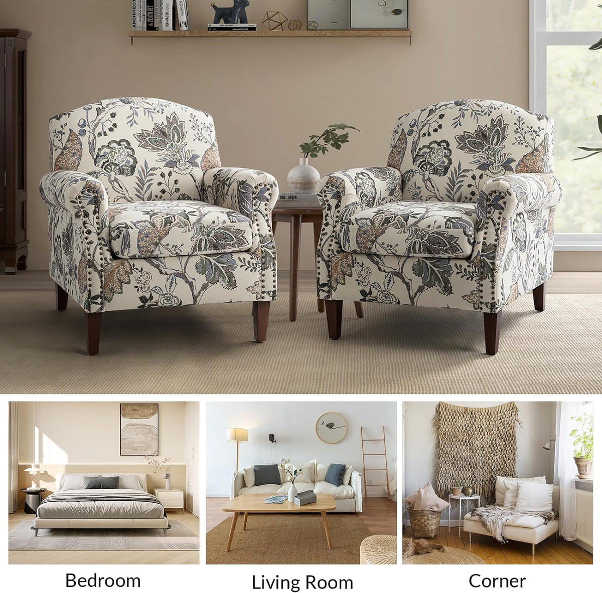 Accent Chair Set Of 2 With Wood Legs & Removable Cushion, Upholstered Armchair, Floral Design, GREY I853895