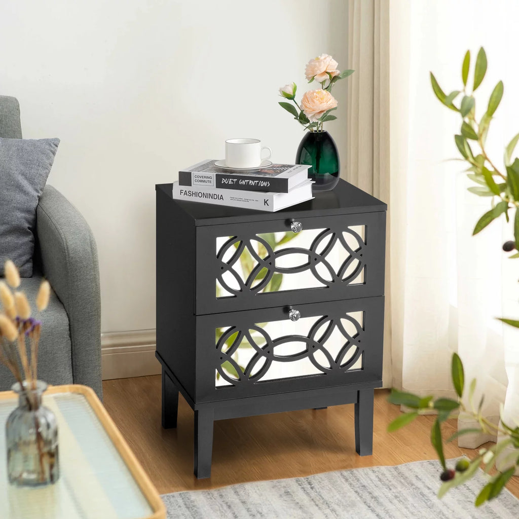 Black Modern Bedside Table with Storage Drawers and Smoked Mirror Q5613