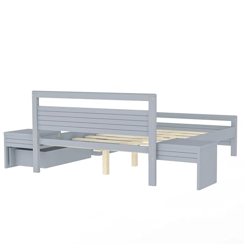 Queen Size Gray Wooden Platform Bed with 2 Storage Drawers and 2 Bedside Tables I5051