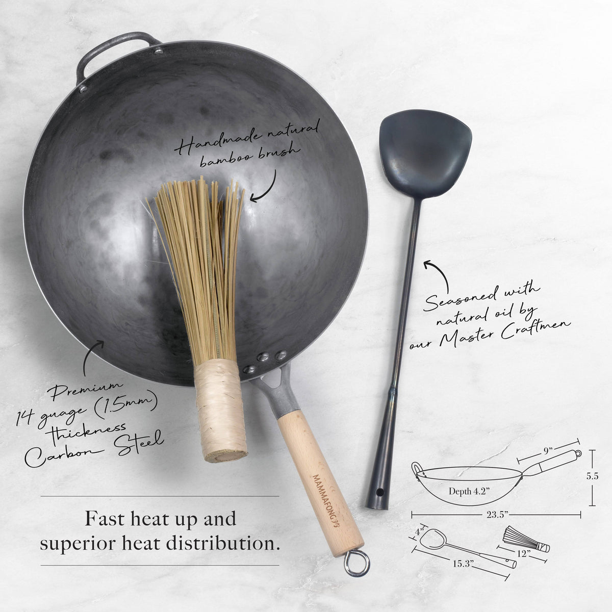 14 inch Hand Hammered Carbon Steel Wok Set with Spatula and Bamboo Brush M85987