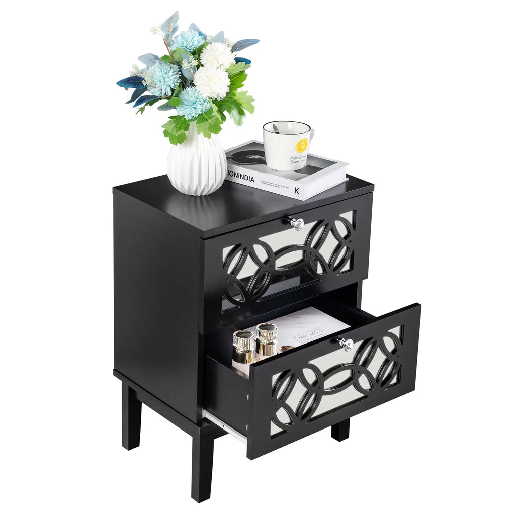 Black Modern Bedside Table with Storage Drawers and Smoked Mirror Q5613