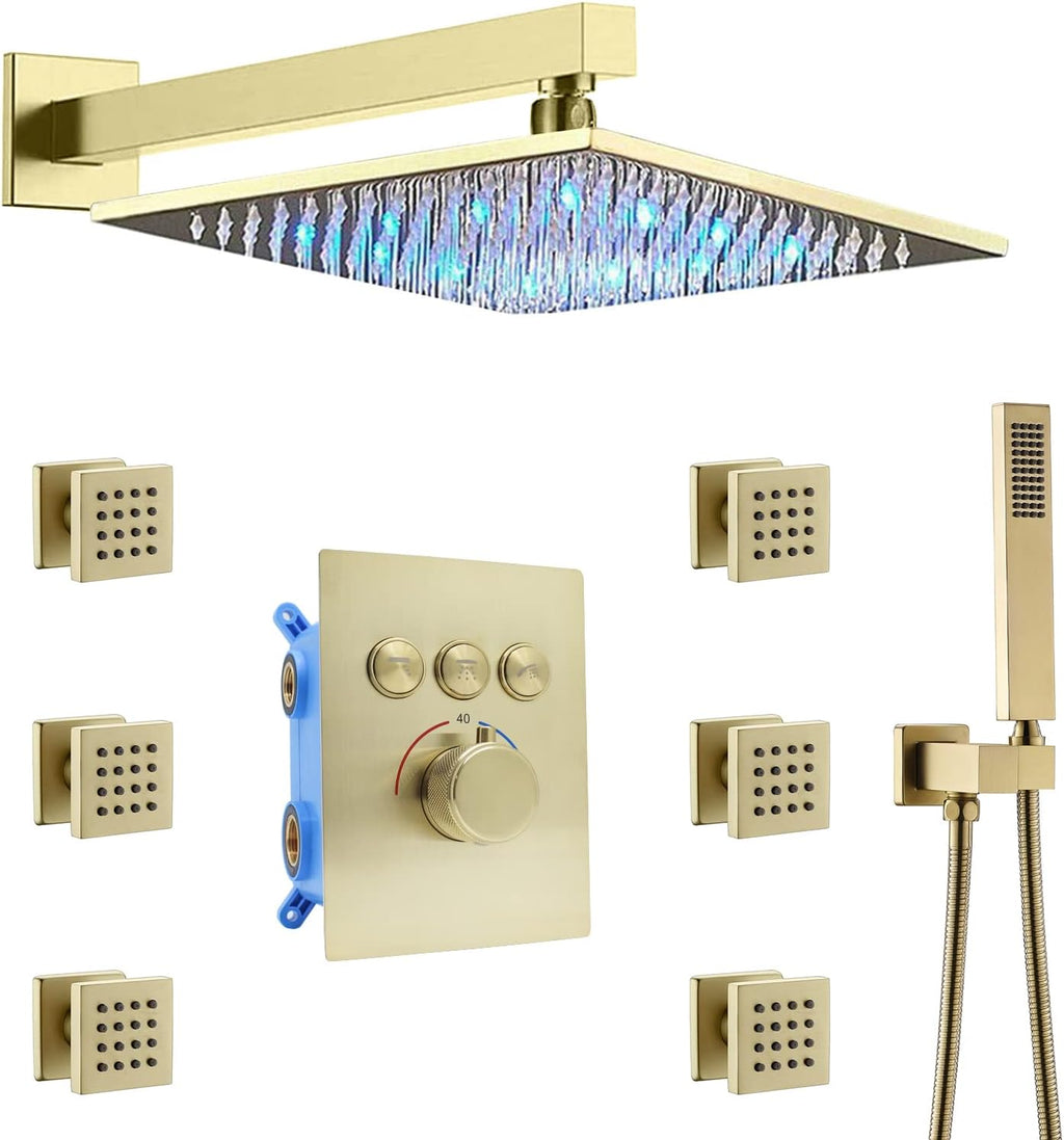 12 Inch Ceiling Rain Shower Head Combo System with Body Jets and Handheld, Matte Black Shower Faucet Fixture Set K7691