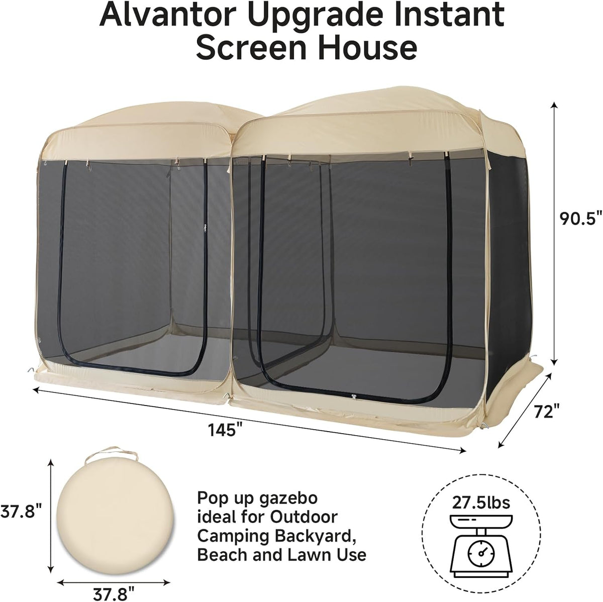 Beige 12' x 7.5' Pop Up Screen Tent Gazebo with Mesh Mosquito Netting Z59155