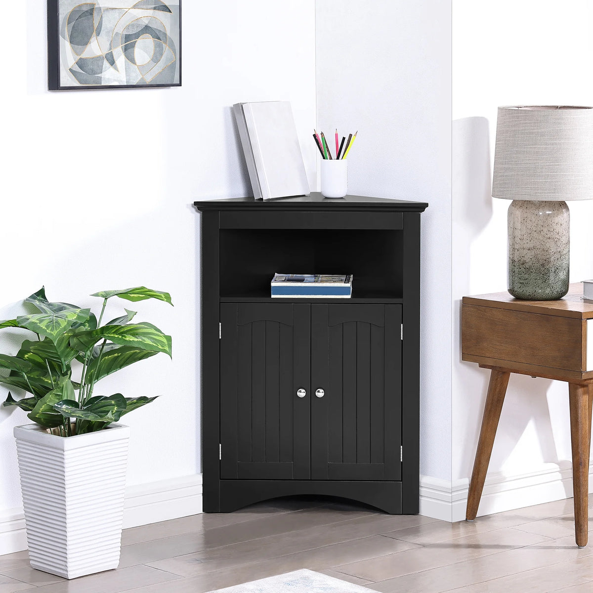 Free Standing Corner Storage Cabinet with Doors and Shelves M973