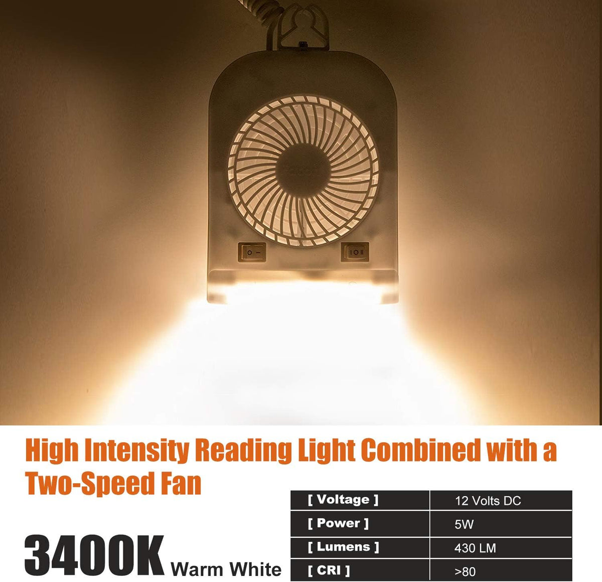 12 Volt RV Camper Fan and LED Light Combo with 2-Speed Fan, Pack of 2 X394
